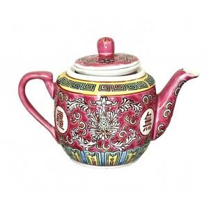 Vintage Small Chinese Porcelain Pink Longevity Teapot with Removable Cup & Lid